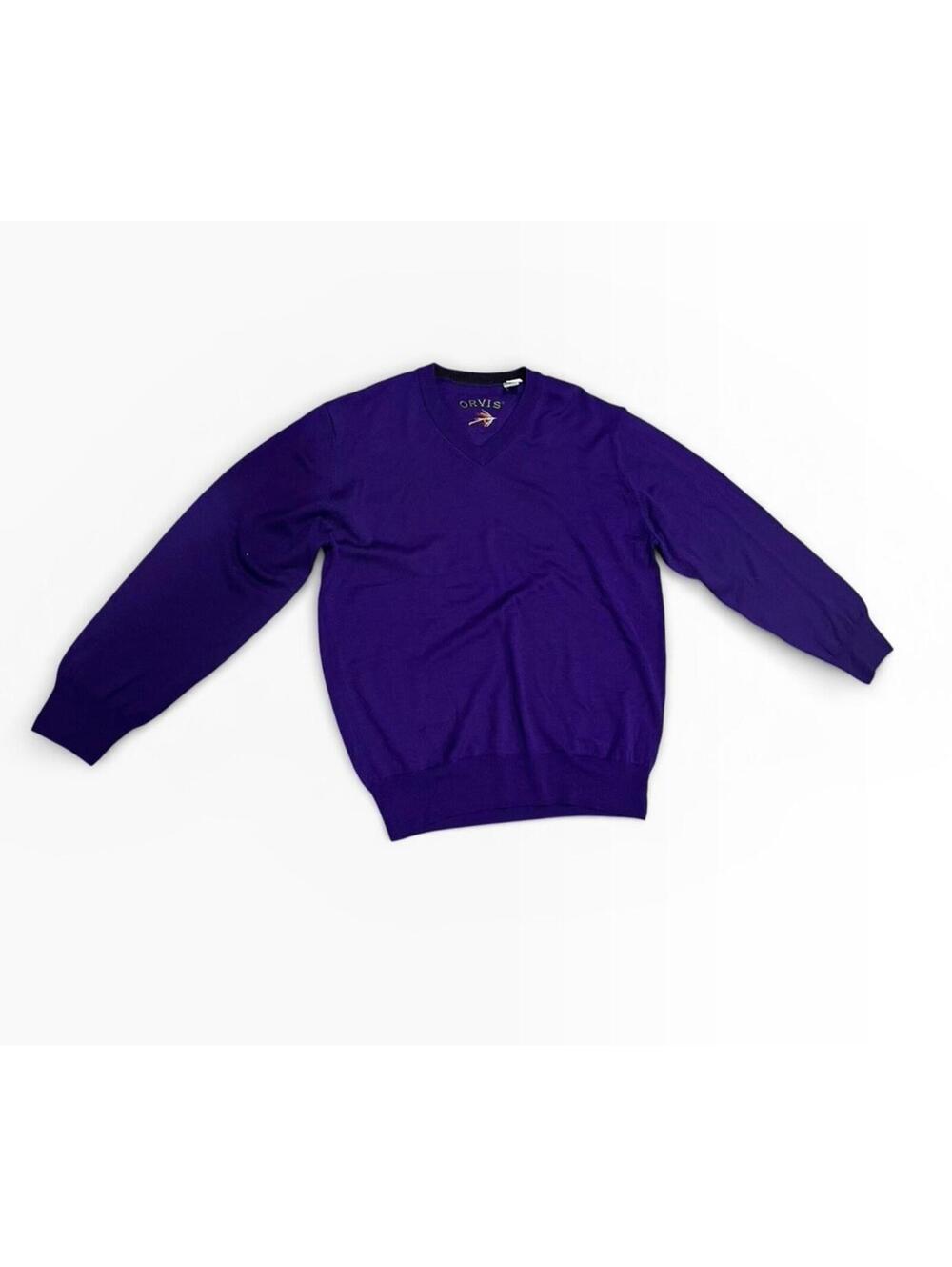 Orvis 100% Merino Wool Sweater Mens M Purple Crewneck Fishing Logo